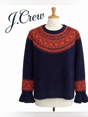 J. Crew merino wool blend sweater.
Fair Isle pattern & ruffle sleeves. Sz L.